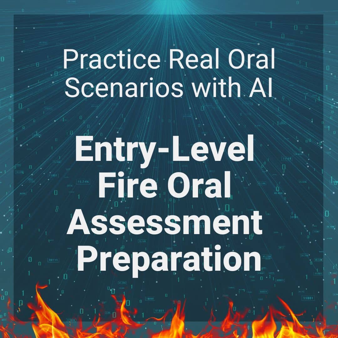 image for product ai entry-level fire oral assessment prep text on teal background with fire bottom
