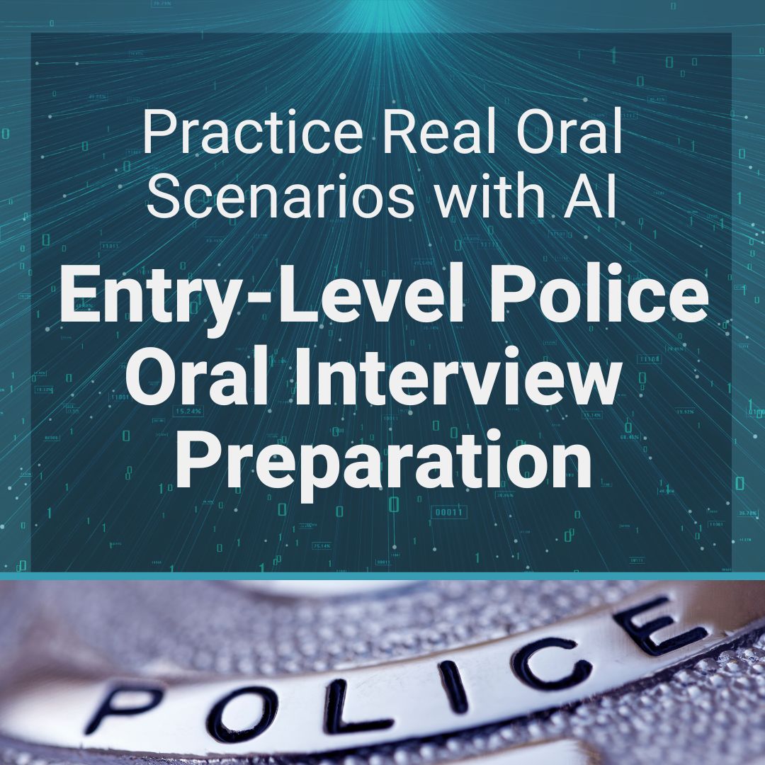 Practice Real Police Oral Interview Scenarios with AI image for product ai entry-level fire oral assessment prep text on teal background with fire bottom